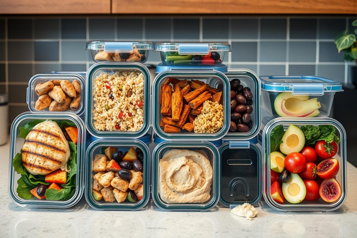 Mediterranean diet meal prep containers with variety of prepared foods Mediterranean diet meal prep containers with variety of prepared foods