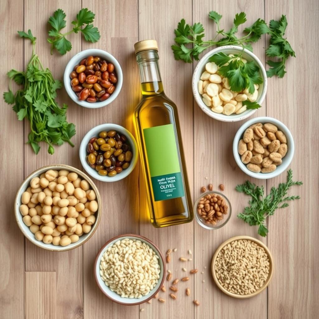 Mediterranean diet staples including olive oil, legumes, whole grains Mediterranean diet staples including olive oil, legumes, whole grains