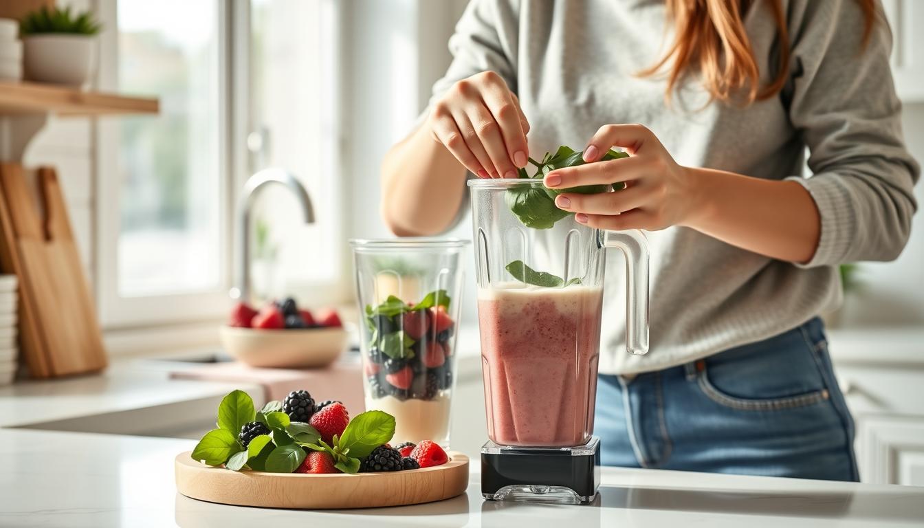 Person preparing a smoothie with immune-boosting ingredients Person preparing a smoothie with immune-boosting ingredients