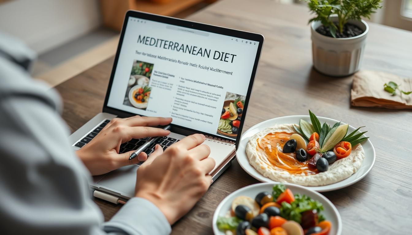 Person researching Mediterranean diet on laptop with notes and healthy food nearby Person researching Mediterranean diet on laptop with notes and healthy food nearby