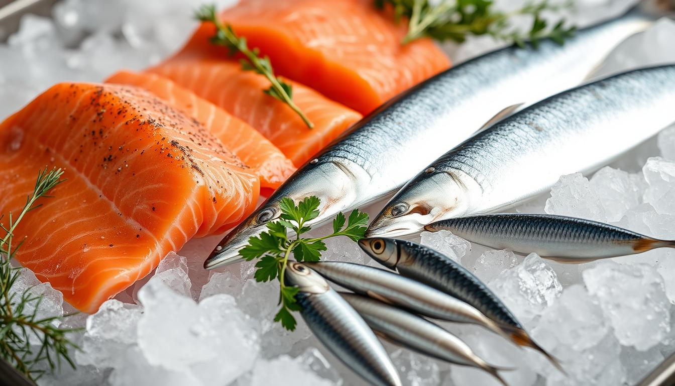 Selection of fatty fish rich in omega-3 fatty acids that help boost immune system naturally Selection of fatty fish rich in omega-3 fatty acids that help boost immune system naturally