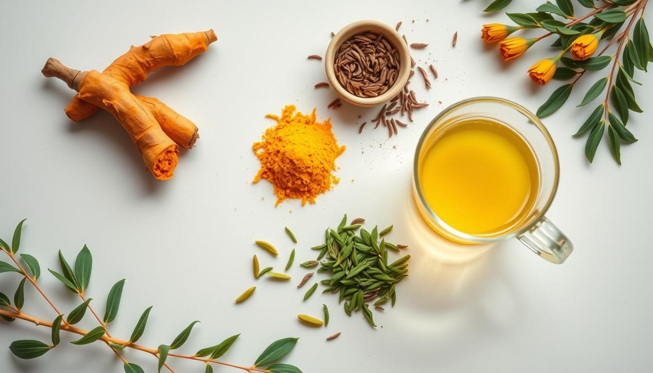 Turmeric root, powder and green tea leaves known to boost immune system naturally Turmeric root, powder and green tea leaves known to boost immune system naturally