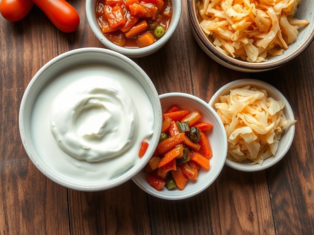 Various fermented foods including yogurt, kimchi, and sauerkraut that support gut health and immunity Various fermented foods including yogurt, kimchi, and sauerkraut that support gut health and immunity