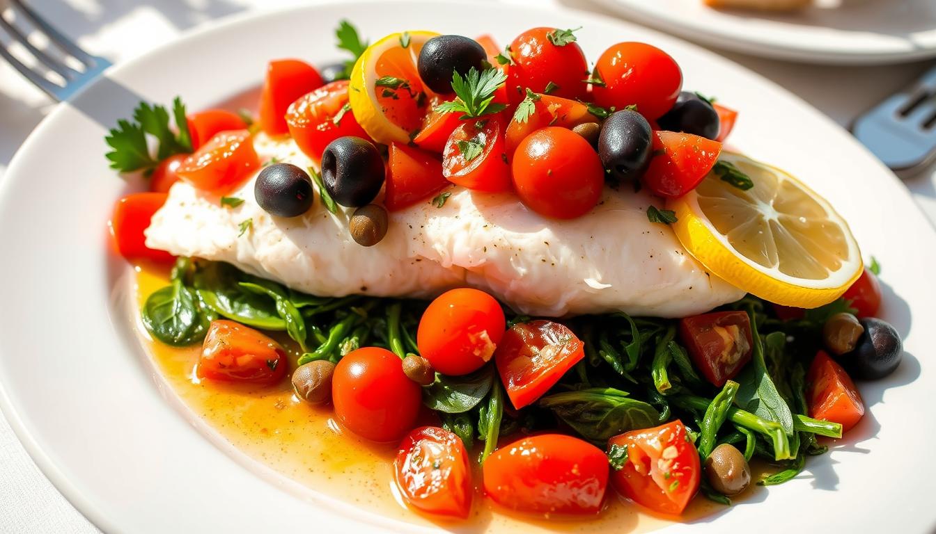 Baked white fish with tomatoes, olives, and herbs on a bed of vegetables