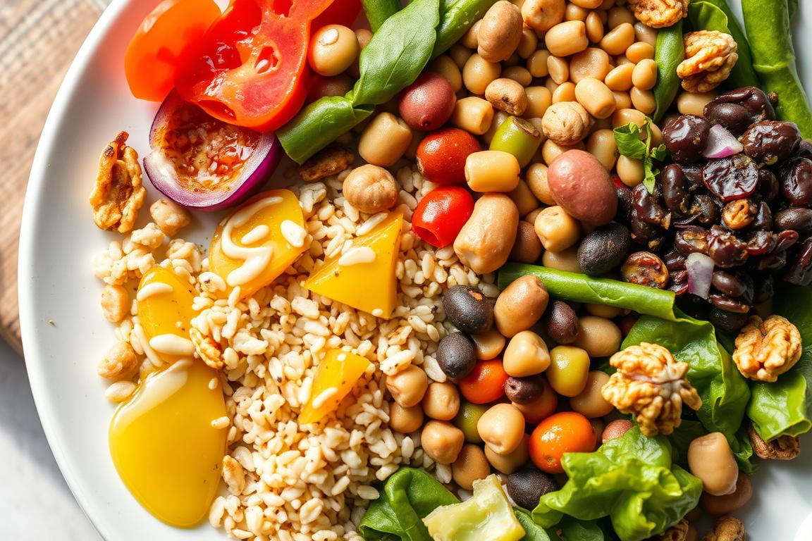 Colorful plate of Green Mediterranean diet foods including vegetables, whole grains, and plant proteins