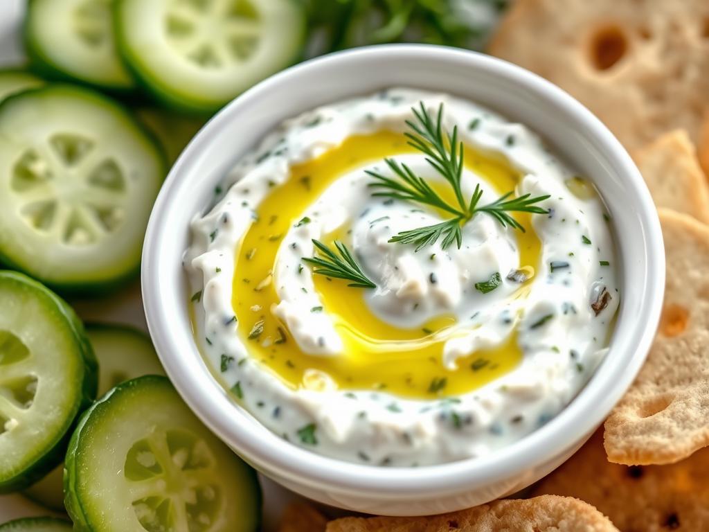 Creamy tzatziki sauce in a bowl with cucumber and herbs