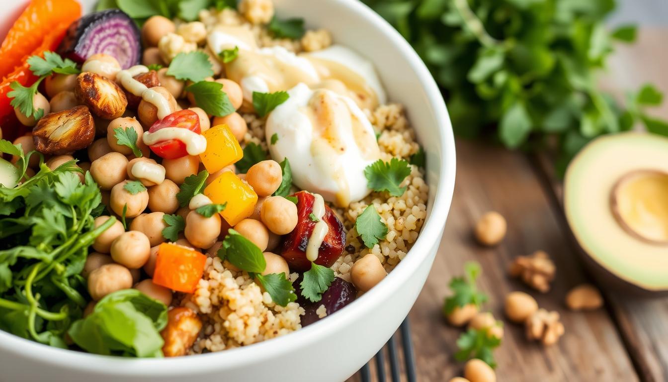 Delicious Green Mediterranean Quinoa Power Bowl with vegetables, walnuts, and tahini dressing