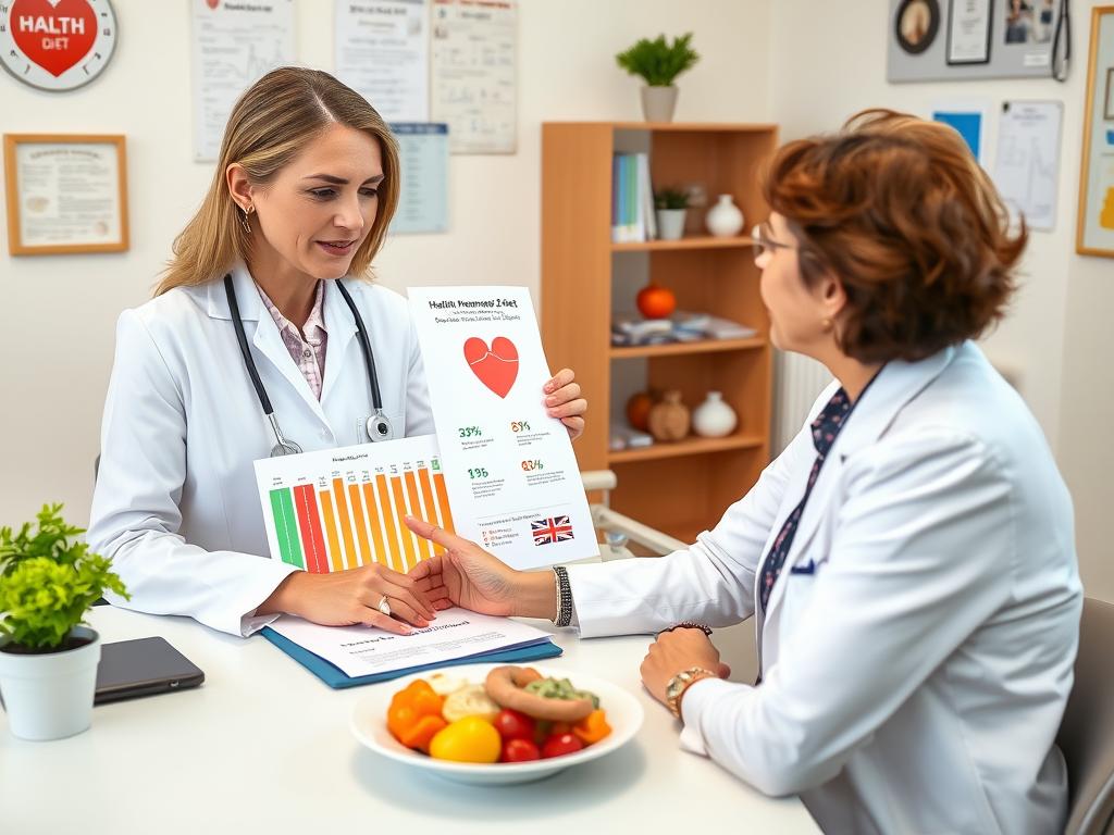 Doctor discussing Mediterranean diet health benefits with a patient using a chart showing heart health improvements