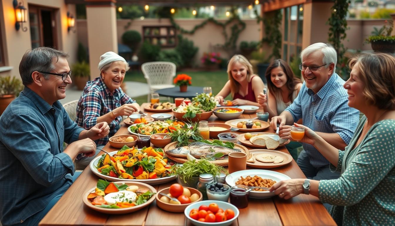 Family enjoying a Mediterranean meal together outdoors with a table full of colorful dishes