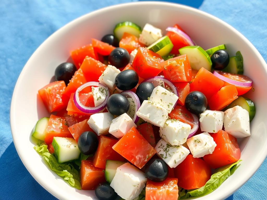 Fresh Greek salad with tomatoes, cucumbers, red onions, olives, and feta cheese drizzled with olive oil