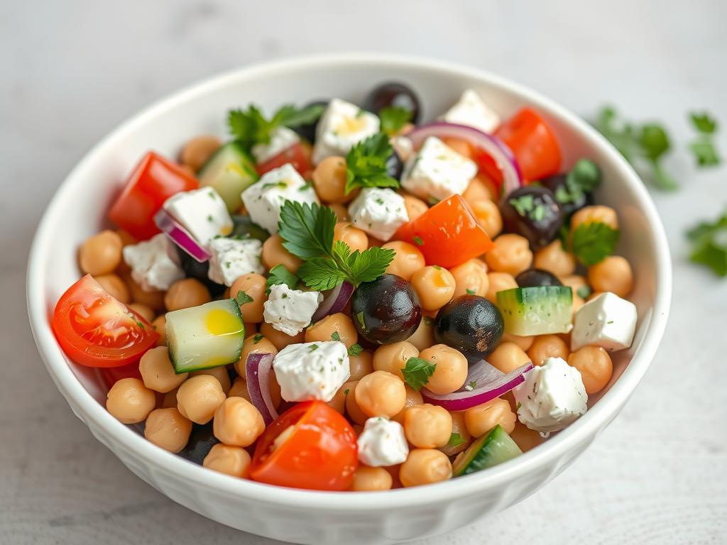 Greek chickpea salad with olive oil and lemon in a white bowl