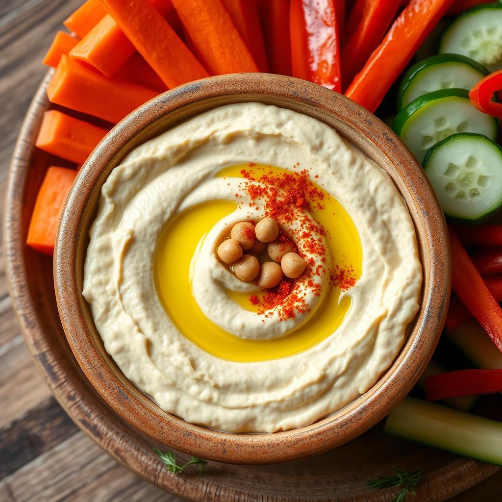 Homemade hummus in a bowl drizzled with olive oil and sprinkled with paprika, served with vegetable sticks