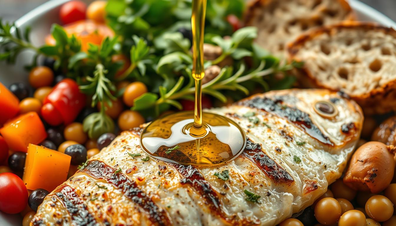 Mediterranean diet meal with olive oil being drizzled over a colorful plate of vegetables, fish, and whole grains