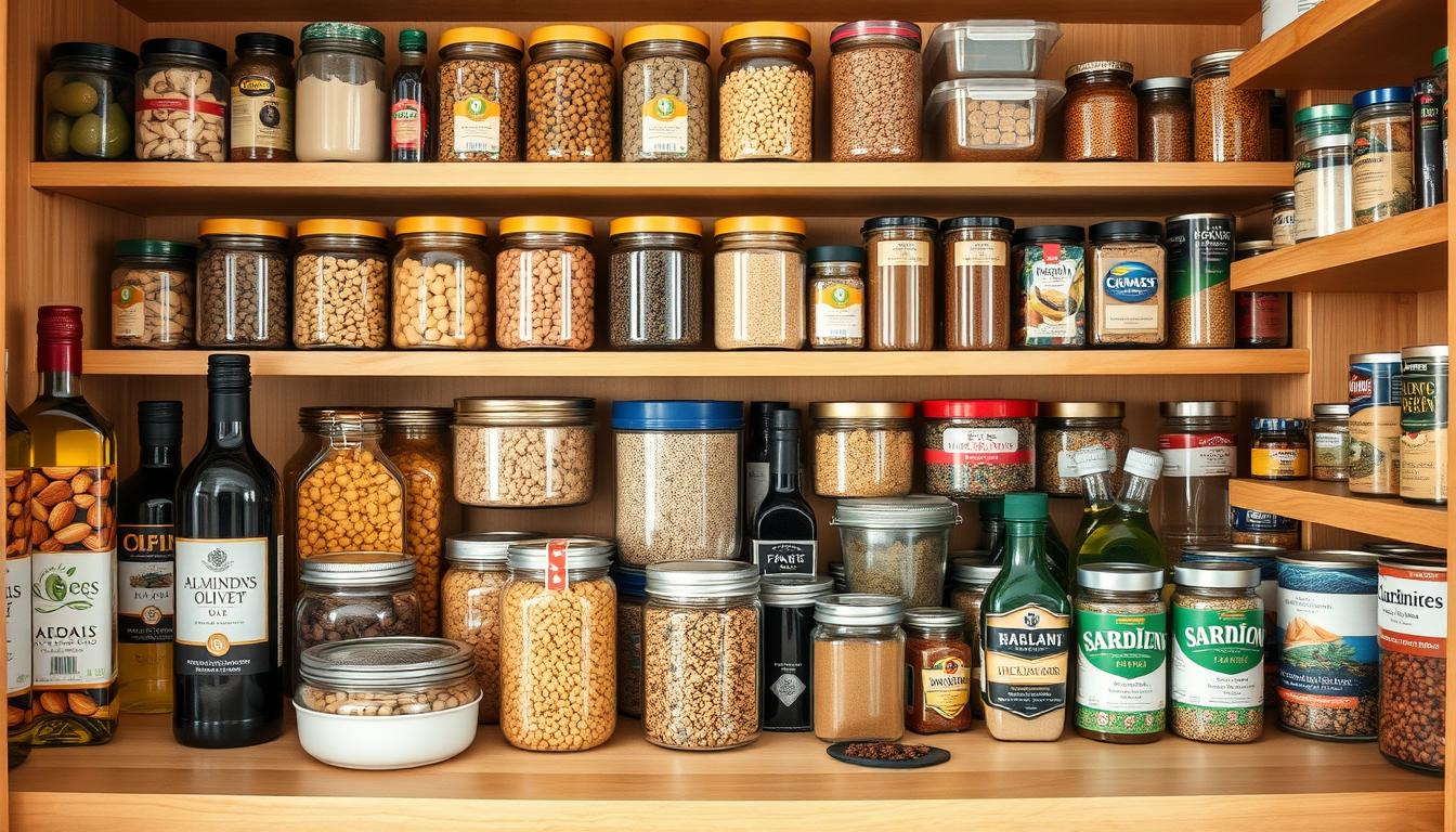 Mediterranean diet pantry essentials including olive oil, nuts, whole grains, and spices