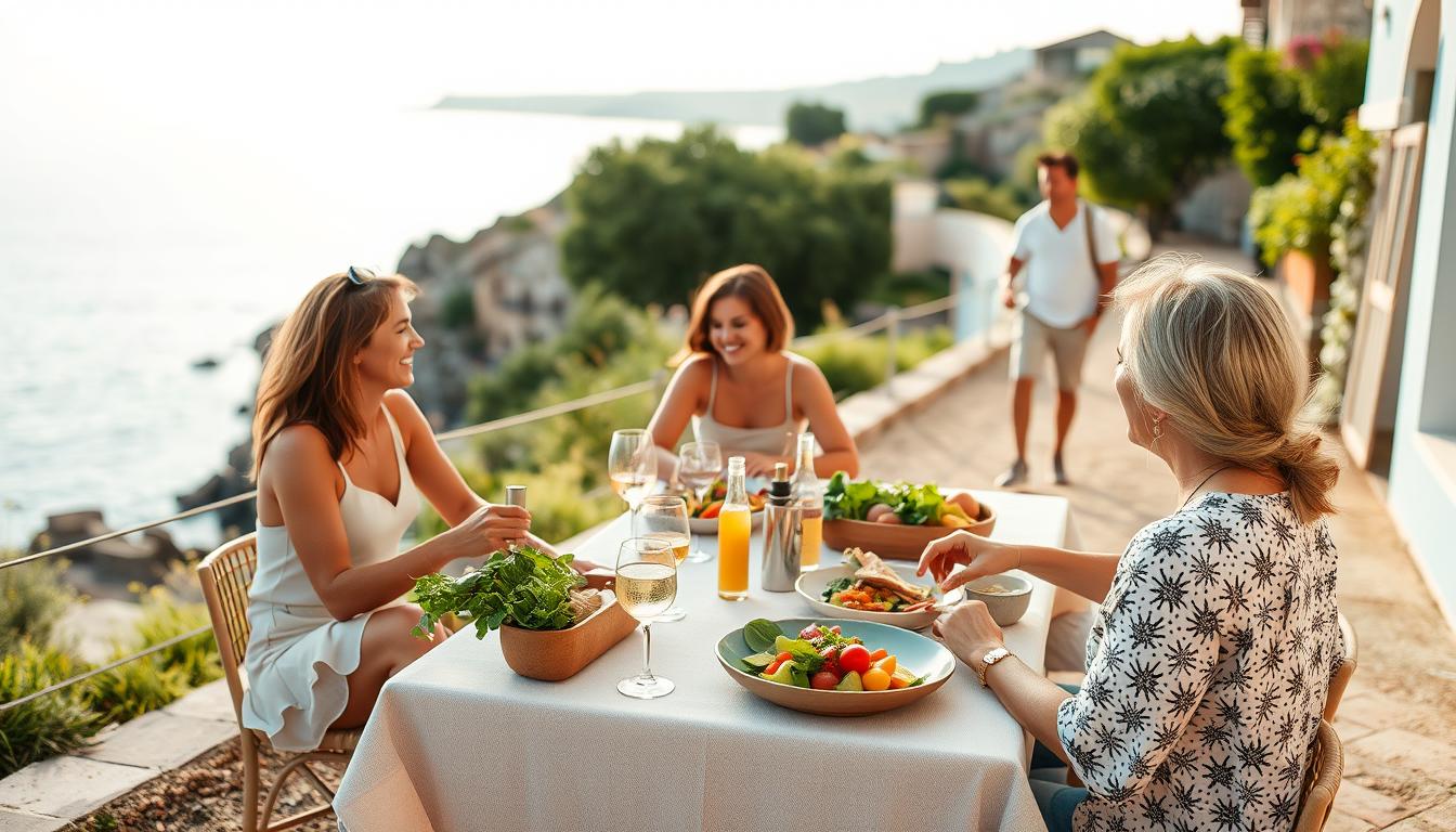 People enjoying a Mediterranean lifestyle with outdoor dining and physical activity