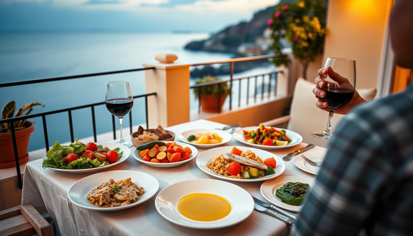 Person enjoying a colorful Mediterranean meal outdoors with a view of the sea
