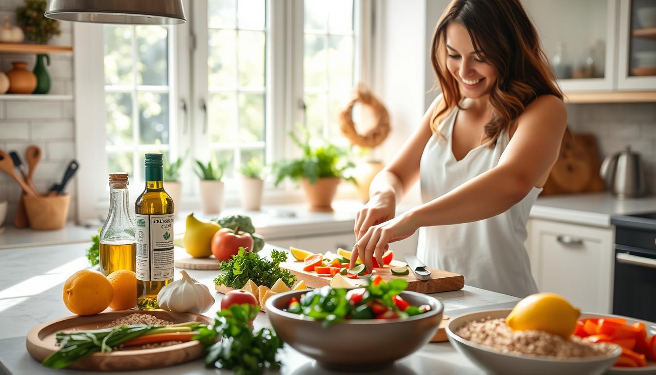 Person preparing Mediterranean diet meal in a bright kitchen with fresh ingredients