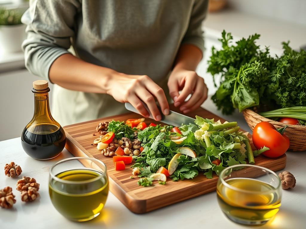Person preparing a Green Mediterranean meal with fresh vegetables and herbs