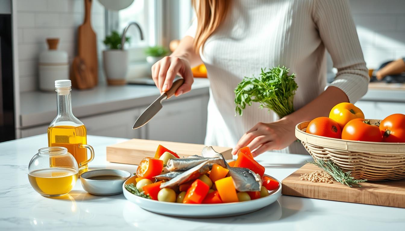 Person preparing a Mediterranean diet meal in a home kitchen with fresh ingredients