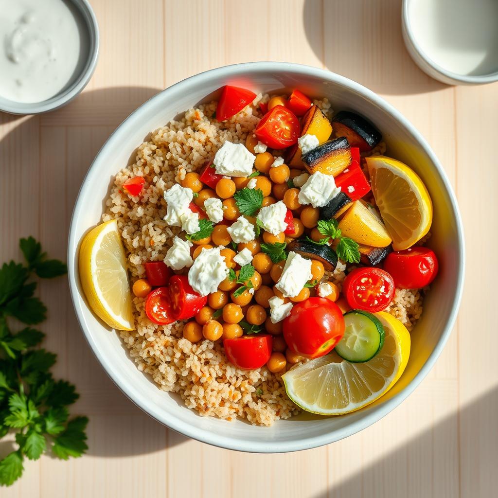Quinoa bowl with roasted vegetables, chickpeas, and feta cheese