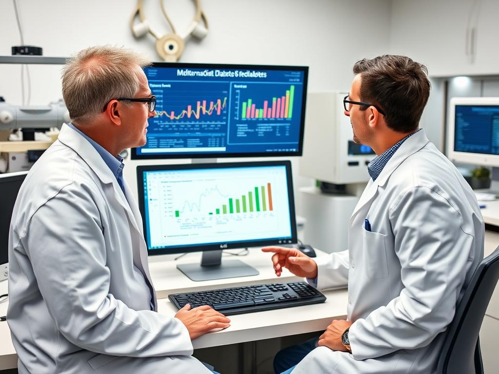 Researchers analyzing Mediterranean diet and diabetes risk data in a laboratory setting
