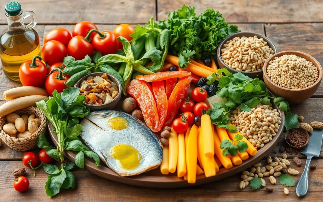 Colorful Mediterranean diet foods including olive oil, vegetables, fish, and whole grains arranged on a wooden table