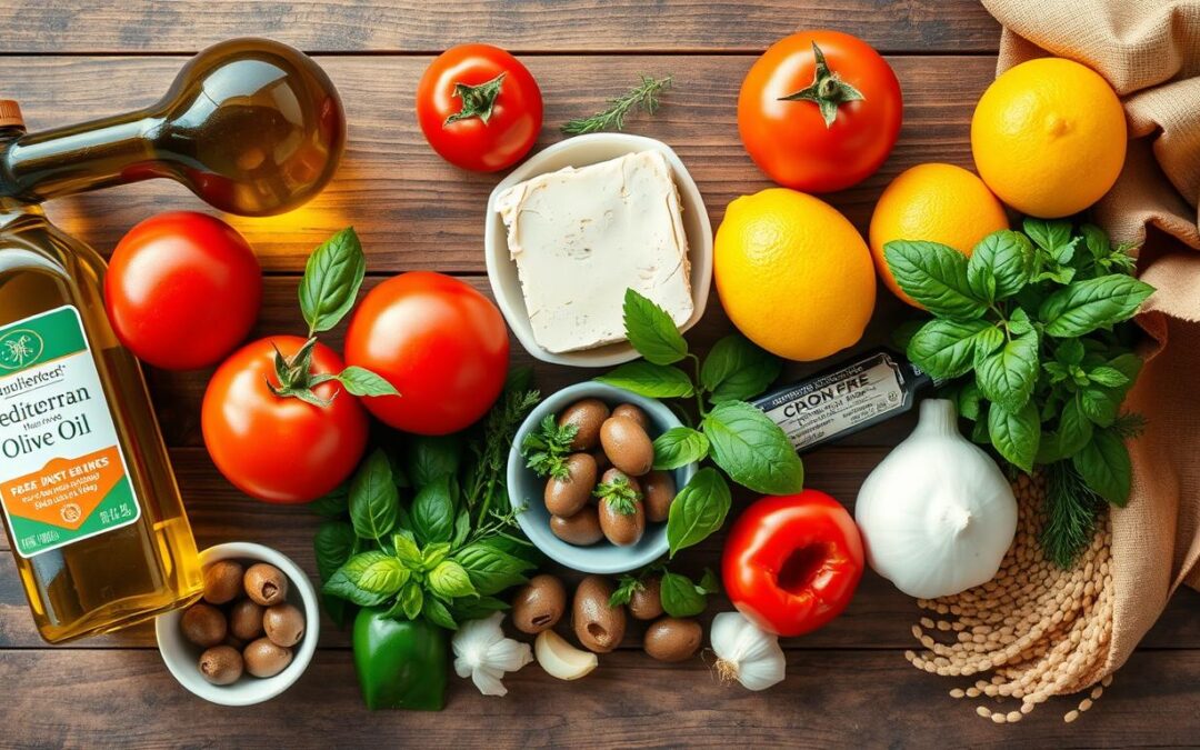 Colorful Mediterranean diet ingredients including olive oil, tomatoes, feta cheese, and herbs