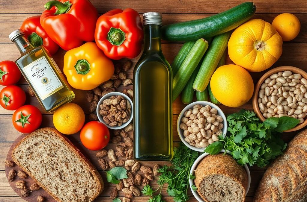 Colorful array of Mediterranean diet staple foods including olive oil, vegetables, fruits, nuts, and whole grains