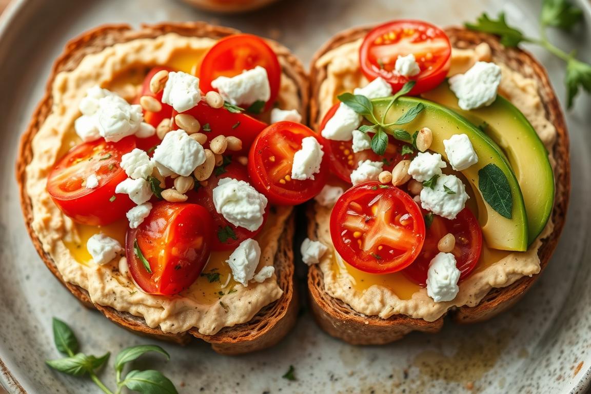 Creamy Mediterranean Hummus Toast topped with avocado, tomatoes, feta, and herbs