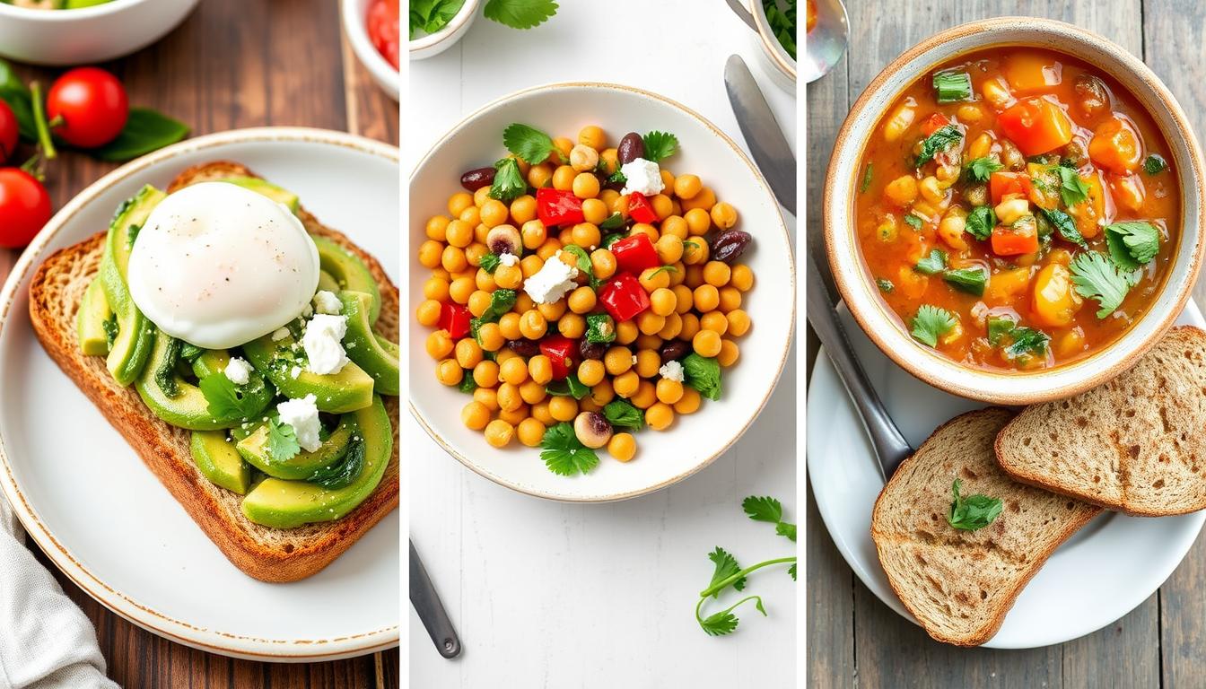 Day 2 Mediterranean Diet meals featuring avocado toast, chickpea salad, and vegetable bean soup