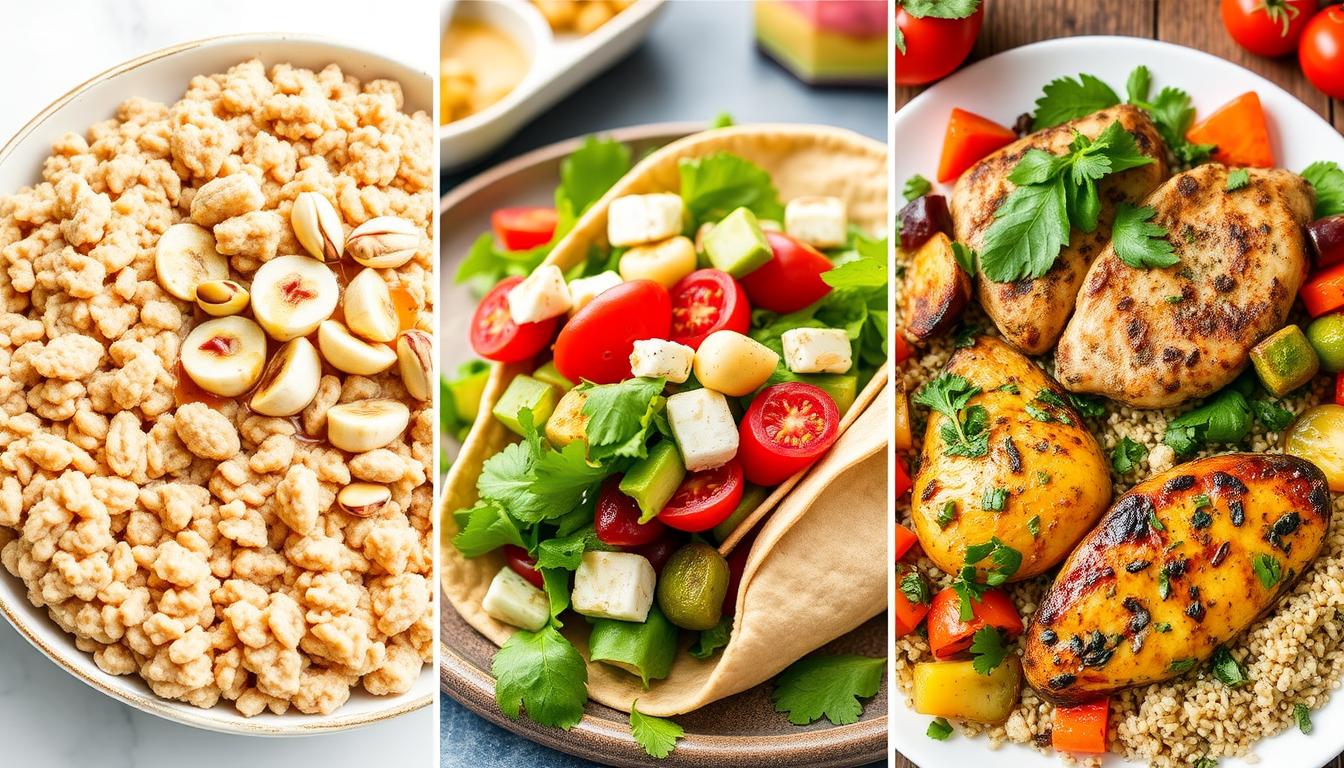 Day 3 Mediterranean Diet meals featuring oatmeal, Greek salad wrap, and lemon herb chicken