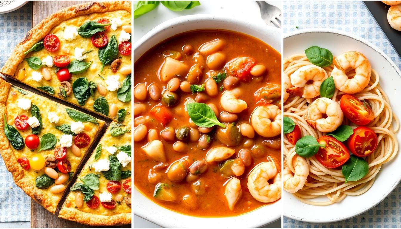 Day 4 Mediterranean Diet meals featuring vegetable frittata, bean soup, and garlic shrimp pasta