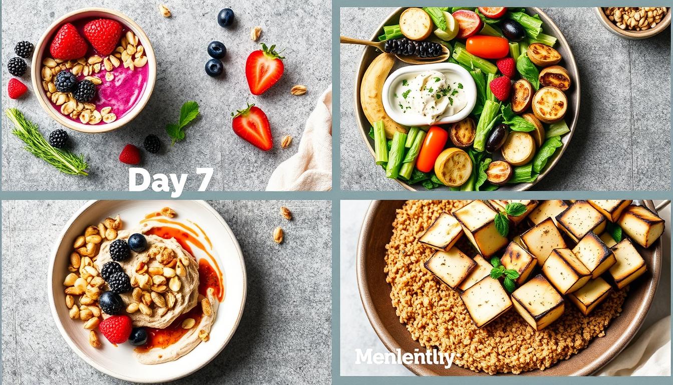 Day 7 Mediterranean Diet meals featuring smoothie bowl, mezze plate, and vegetable skewers