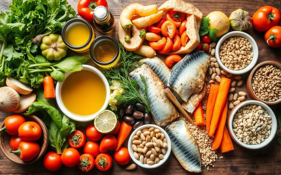 Mediterranean Diet Meal Plan for Beginners featuring colorful vegetables, olive oil, fish, and whole grains arranged on a wooden table