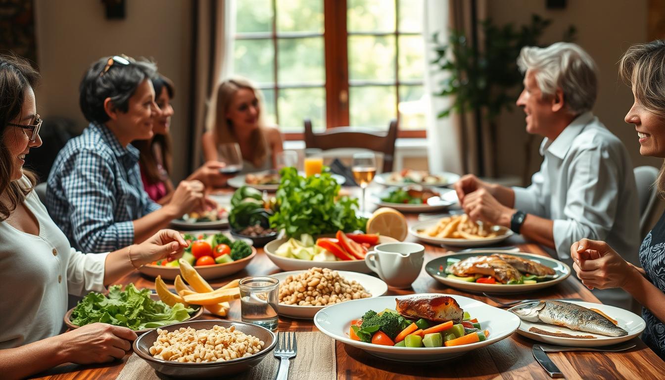 Mediterranean Diet lifestyle image showing family enjoying meal with fresh ingredients