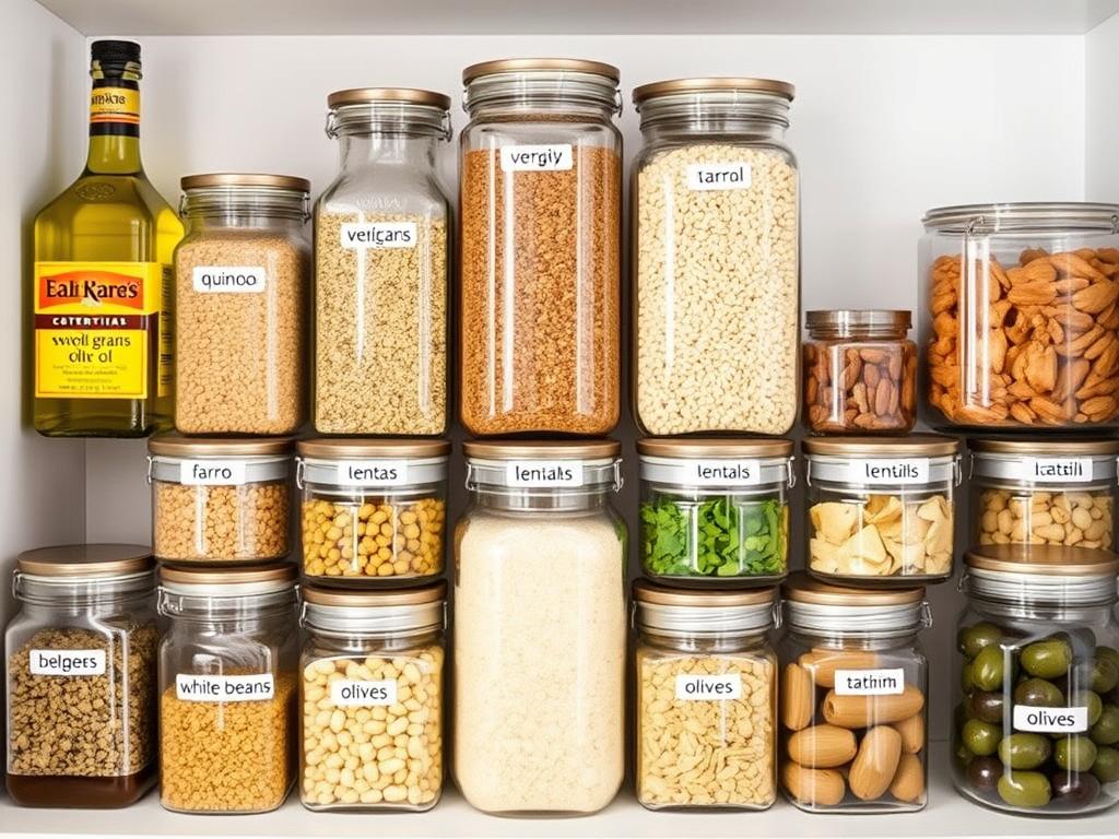 Mediterranean Diet pantry essentials including olive oil, grains, spices, and legumes