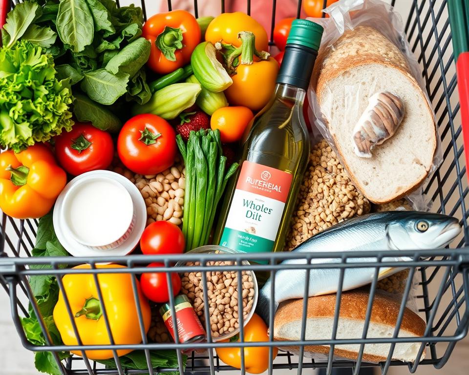 Mediterranean Diet shopping cart filled with fresh produce, olive oil, fish, and whole grains