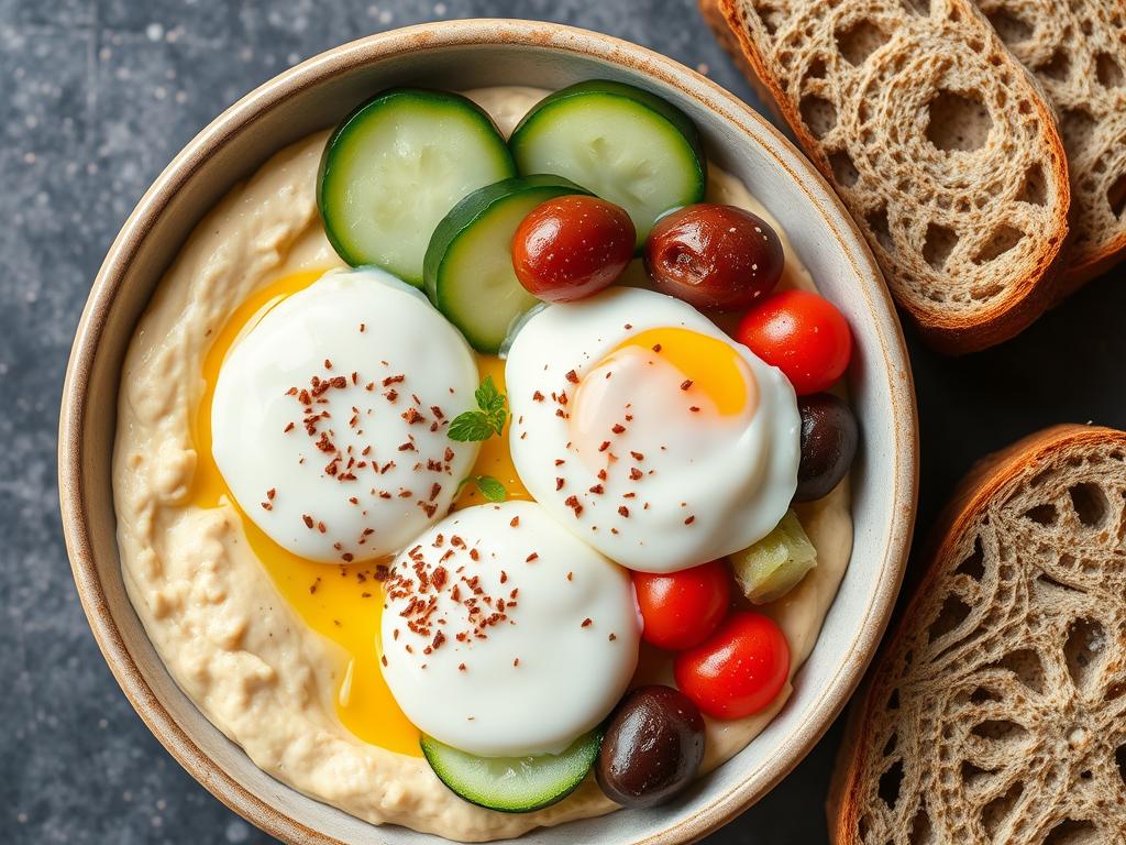 Mediterranean breakfast bowl with hummus and poached eggs Mediterranean breakfast bowl with hummus and poached eggs