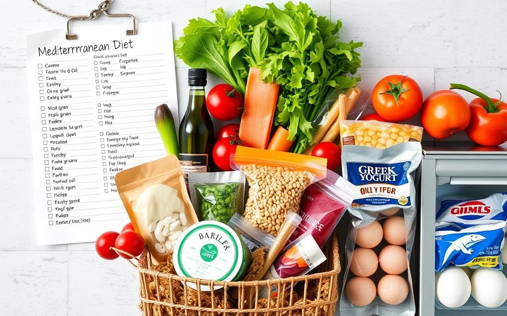 Organized Mediterranean Diet grocery list with fresh produce, pantry items, and refrigerated foods