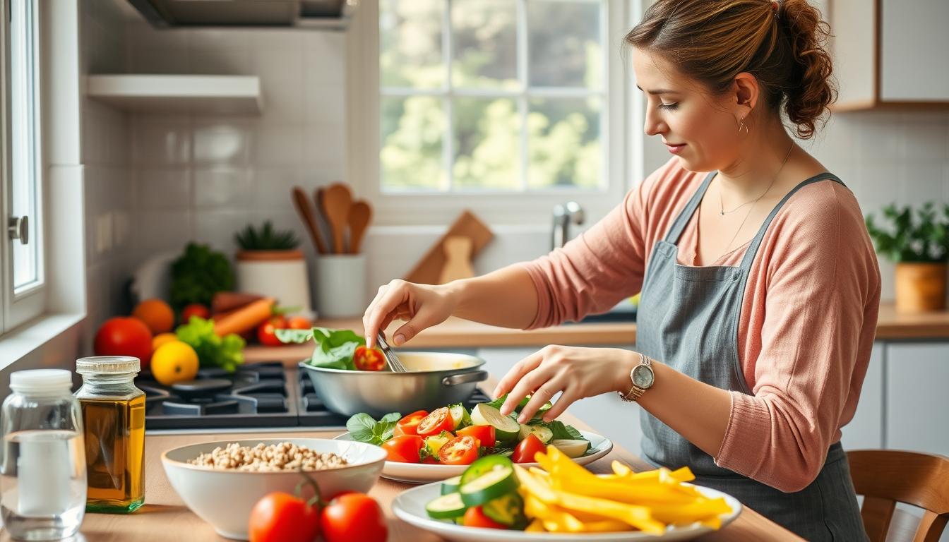Person preparing Mediterranean Diet meal with olive oil, vegetables, and whole grains