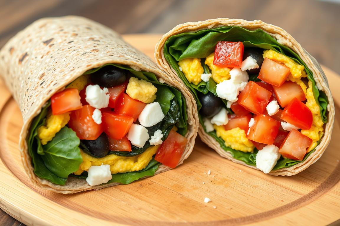 Whole grain Mediterranean breakfast wrap with vegetables Whole grain Mediterranean breakfast wrap with vegetables