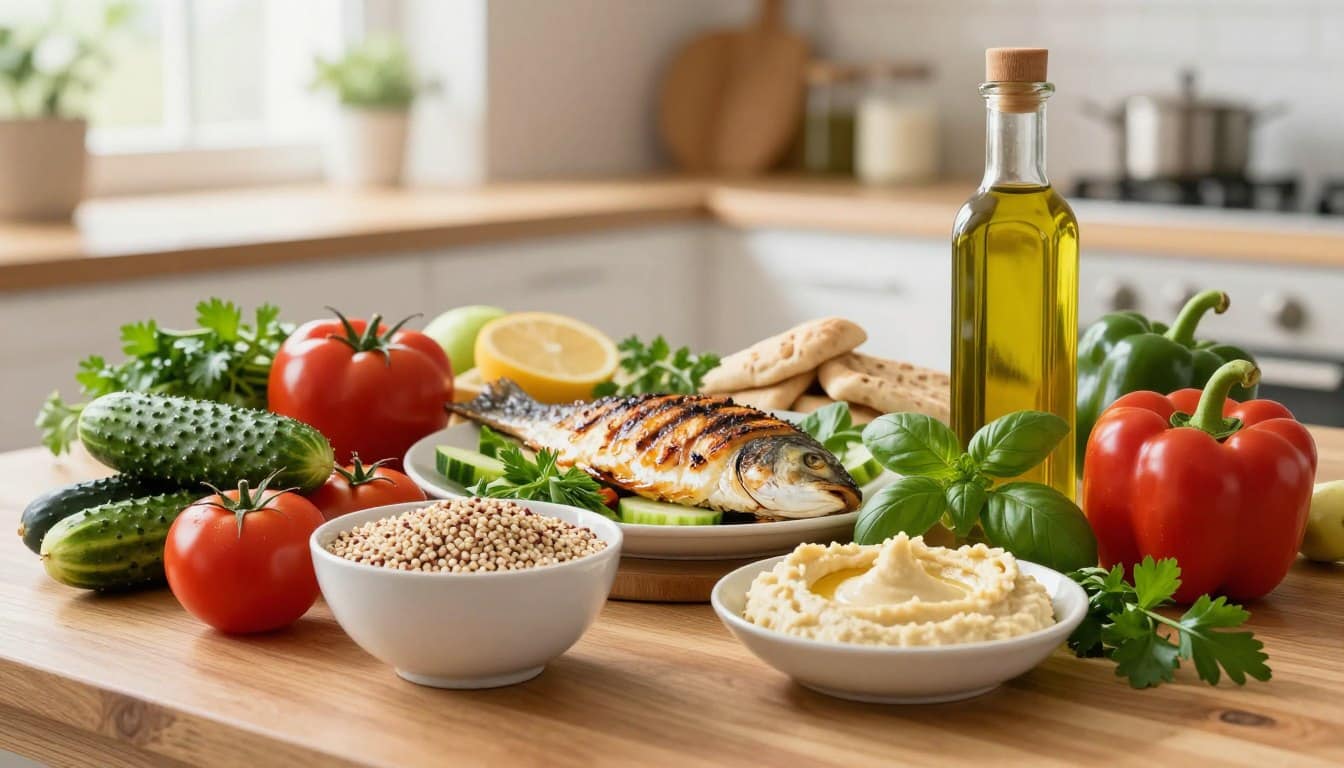 A vibrant still life composition showcasing a heart-healthy Mediterranean diet. In the foreground, a wooden table holds an array of colorful fruits and vegetables: ripe tomatoes, cucumbers, bell peppers, and fresh herbs like basil and parsley. A bowl of whole grains, such as quinoa or farro, is elegantly displayed alongside a bottle of olive oil. In the middle ground, a plate features grilled fish, and a small dish contains hummus with whole-grain pita. The background reveals a soft-focus kitchen setting with natural light streaming in from a window, creating a warm and inviting atmosphere. The overall mood is fresh, wholesome, and nourishing, embodying the essence of healthy eating for heart wellness.