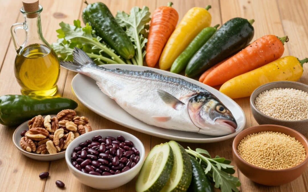 Colorful Mediterranean diet foods arranged to show anti-inflammatory properties for insulin resistance diet