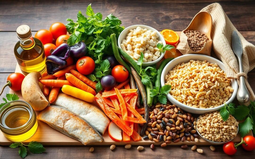Colorful Mediterranean diet foods including olive oil, vegetables, fish, and whole grains arranged on a wooden table
