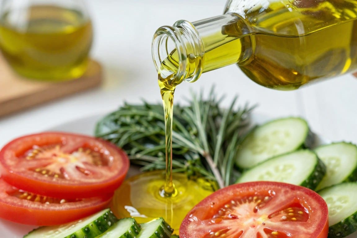 Extra virgin olive oil being poured over vegetables for insulin resistance diet