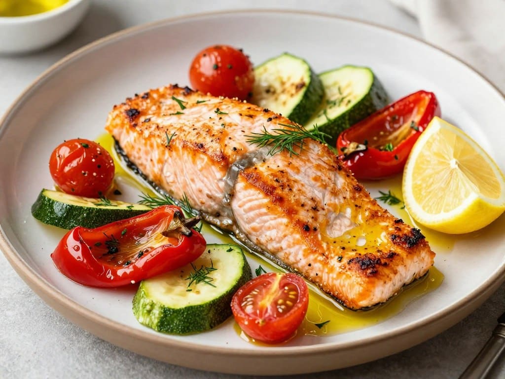 Mediterranean-style baked salmon with vegetables for insulin resistance diet