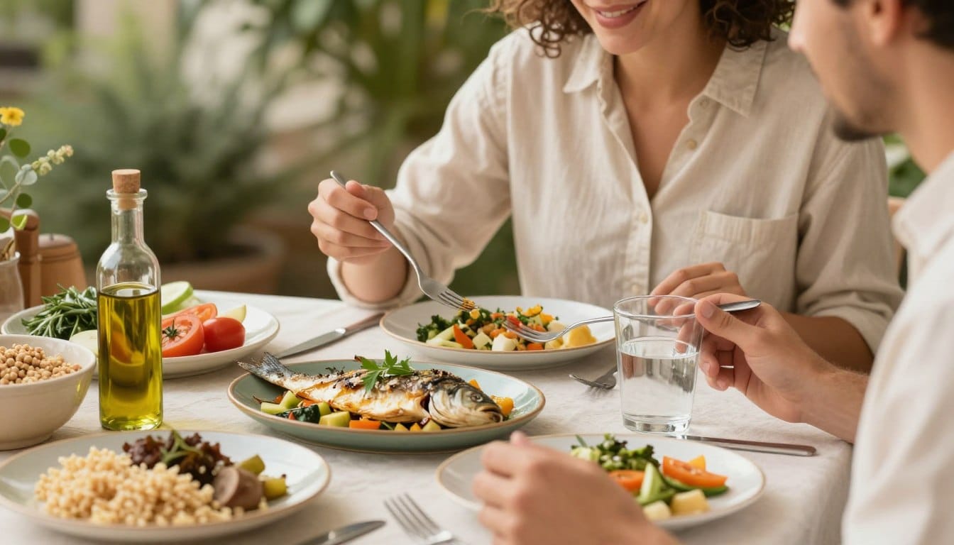 Person enjoying a Mediterranean meal outdoors, representing sustainable lifestyle change