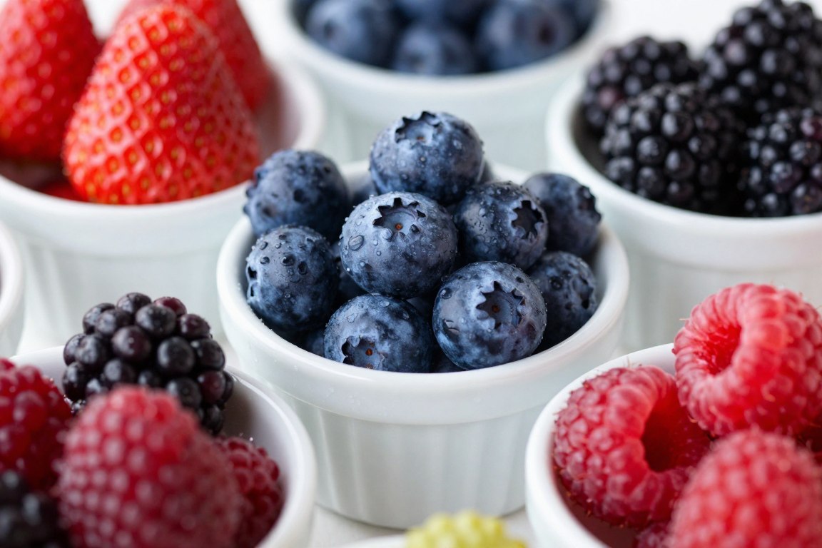 Assortment of fresh berries including blueberries, strawberries, and blackberries in small bowls