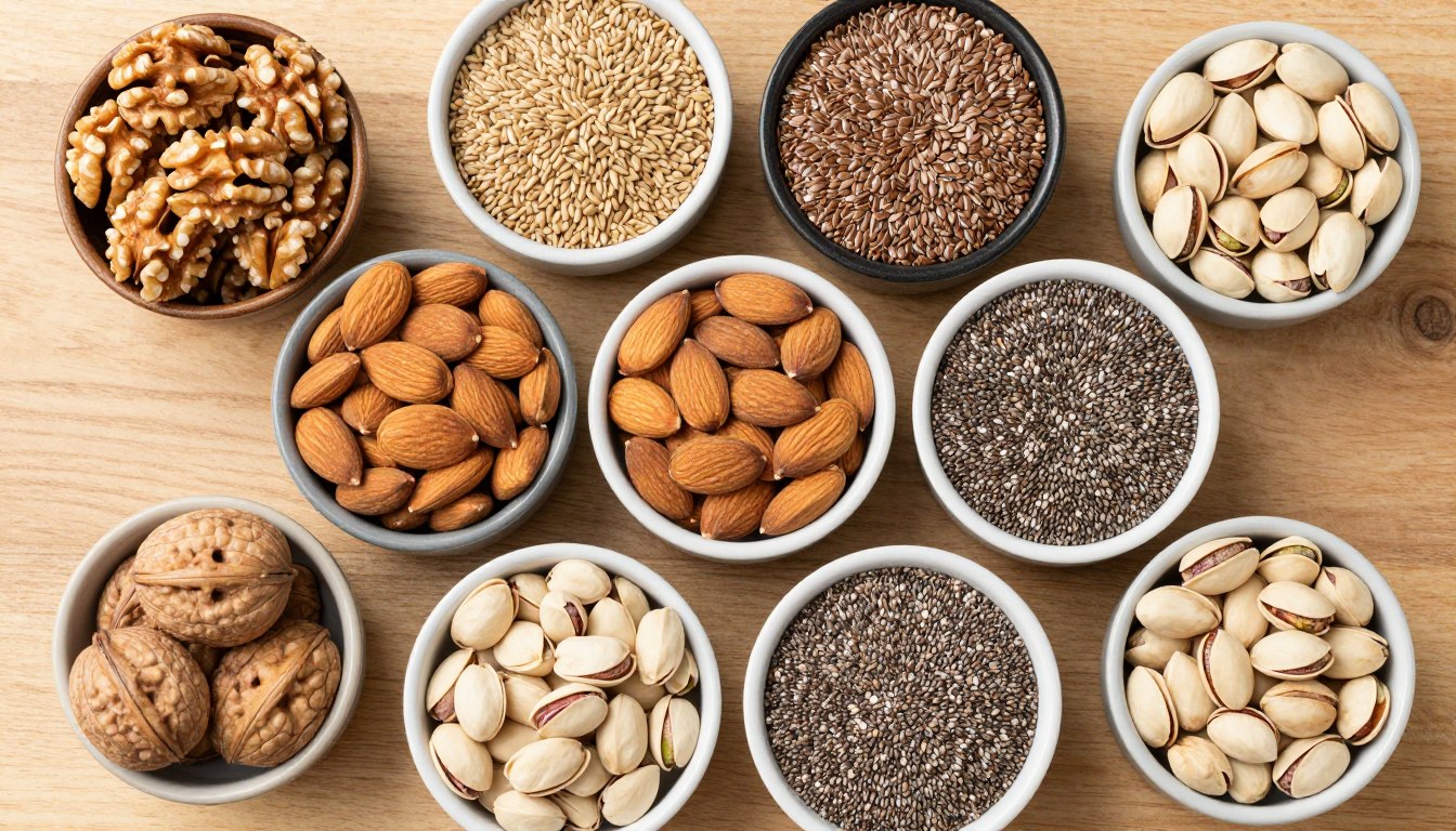 Assortment of nuts and seeds including walnuts, almonds, flaxseeds, and chia seeds