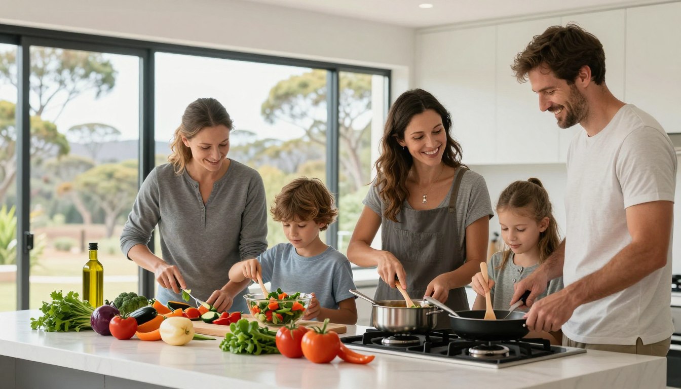 Australian family cooking Mediterranean food together in a modern kitchen with visible native plants outside